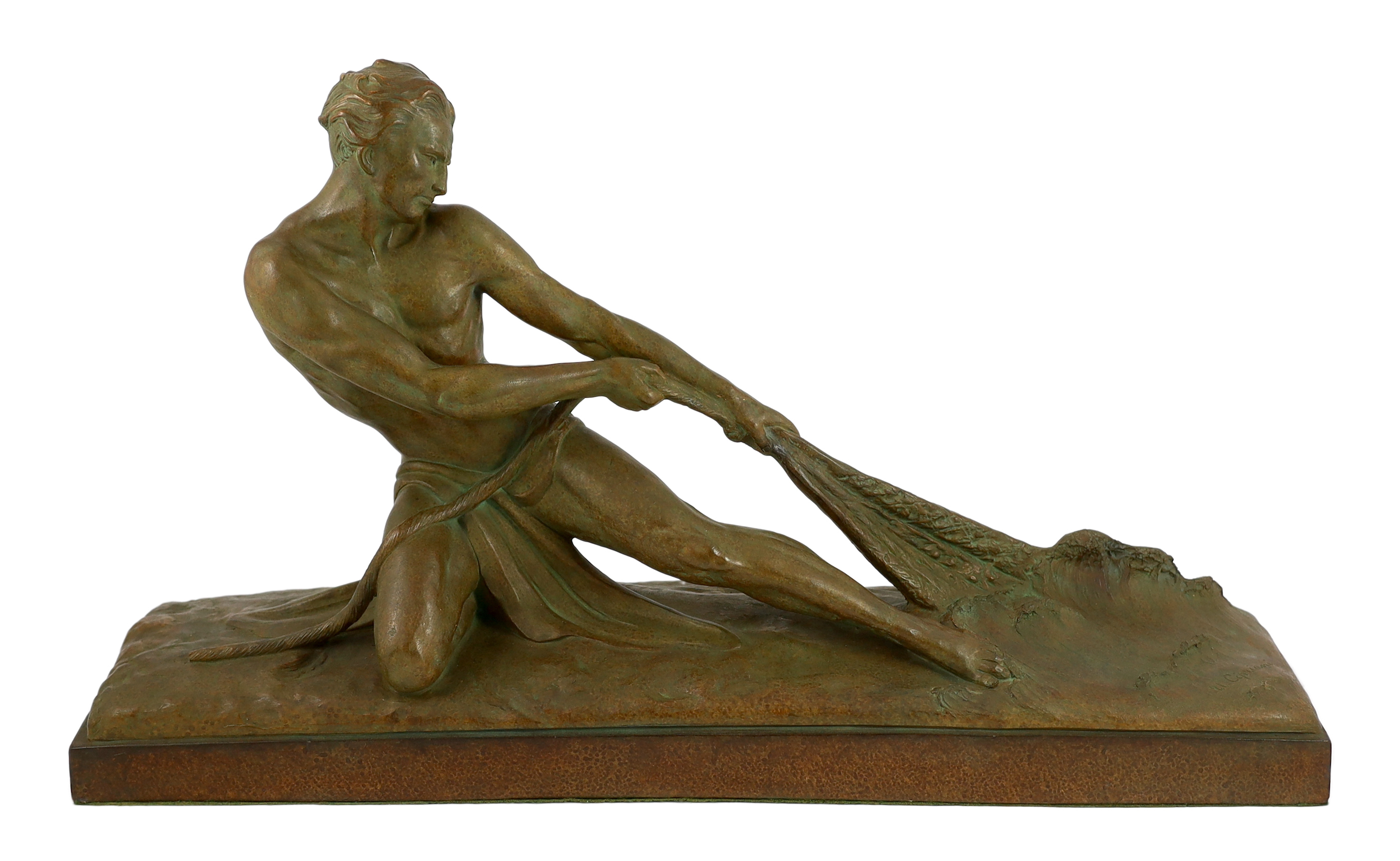 Ugo Cipriani (1887-1960). An Art Deco bronzed terracotta figure of a fisherman hauling a net from the sea, 69cm wide, 18cm deep, 39cm high